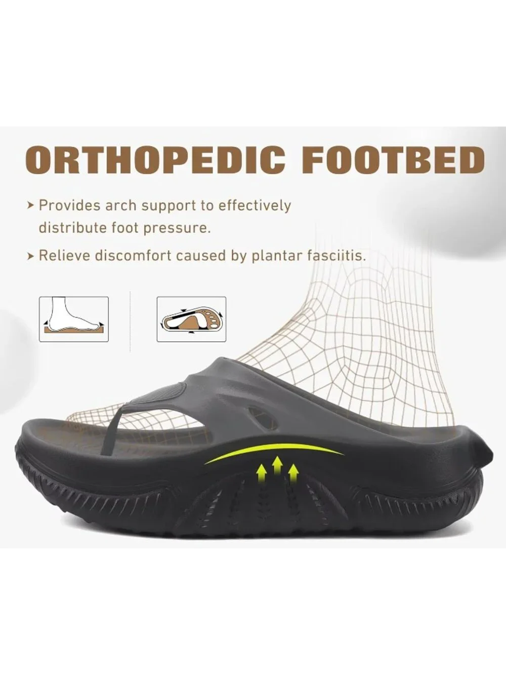 Men's All Black Orthopaedic Foot bed Flip Flops Fabric Toe Post Beach Sandals